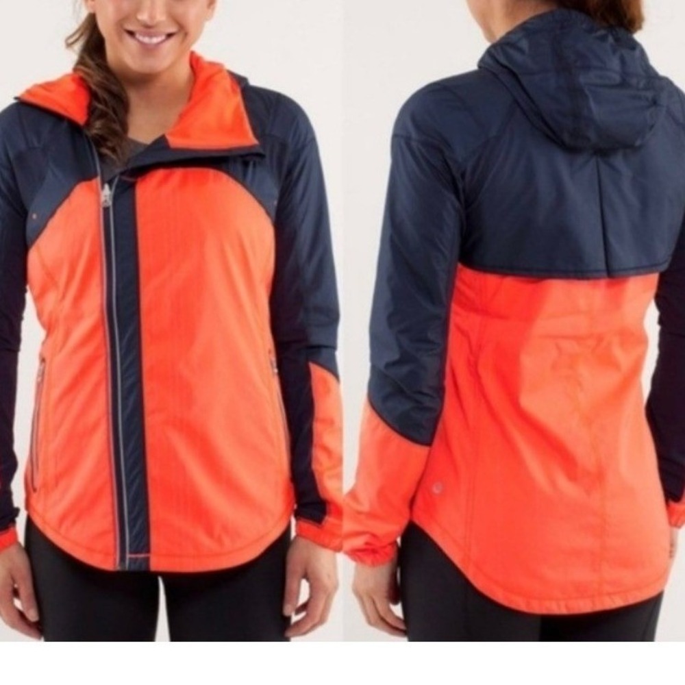 Lululemon‎ Get Up and Glow Jacket Orange Blue Reflective Water Resistant Size 4